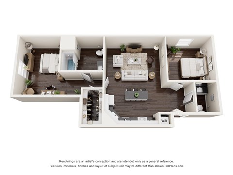 Floor plan for 2 beds, 2 baths, 969 sqft